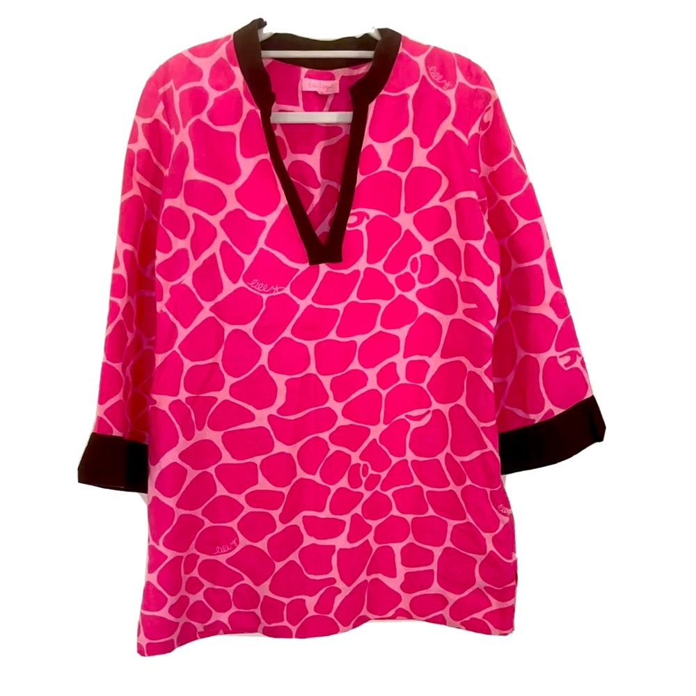 Lilly Pulitzer Womens Linen Tunic Top Size M Pink Leopard Print With Brown Trim